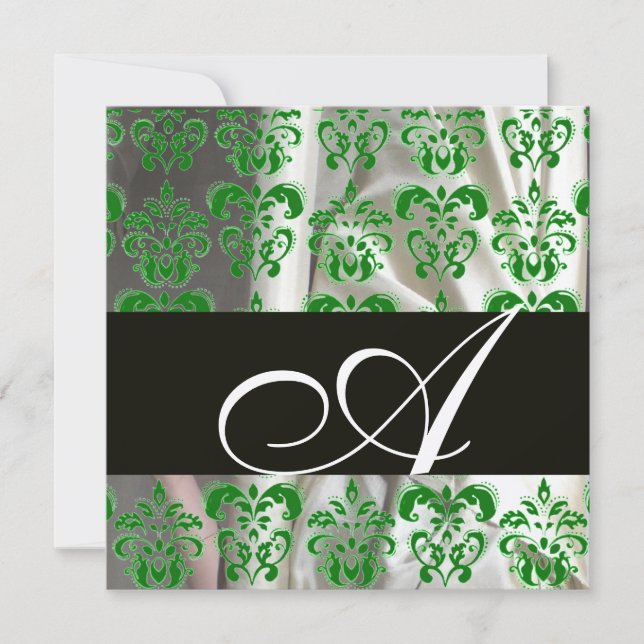 INVITATION TISSU DAMASSÉ EN SOIE NOIR VERT BLANC MONOGRAMME O (Devant)