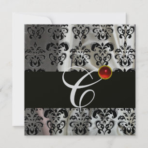 INVITATION TISSU DAMASSÉ EN SOIE NOIRE ARGENTÉE MONOGRAMME RO