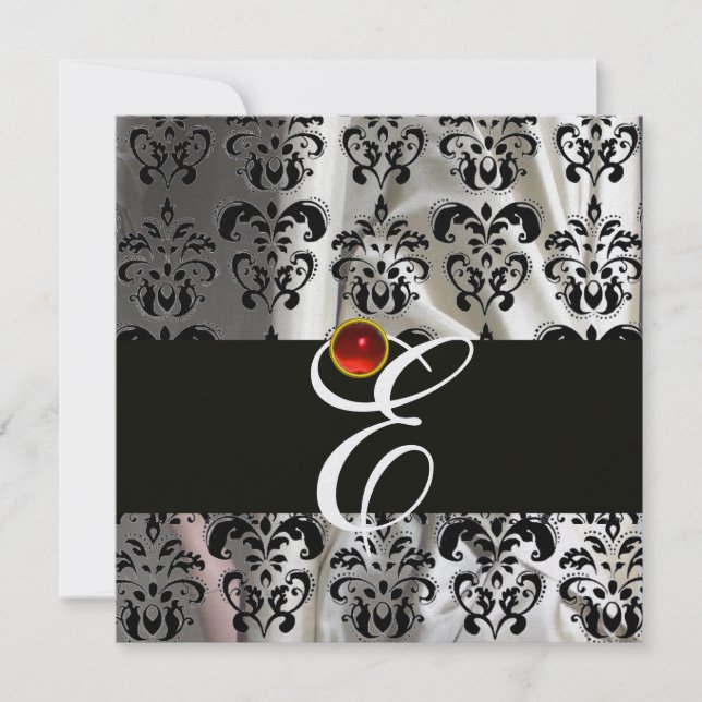 INVITATION TISSU DE DAMAS DE SOIE DE GLACE NOIRE MONOGRAMME R (Devant)