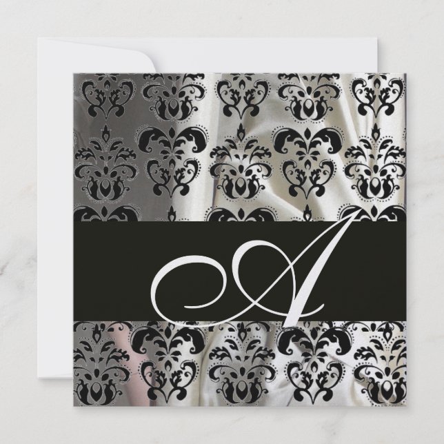Invitation TISSU DE DAMAS DE SOIE NOIR & BLANC Monogramme Ice (Devant)