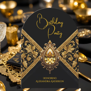 Invitation Tissu élégant à bijoux noir or pour anniversaire
