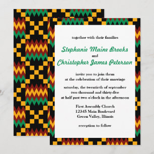 Invitation Tissu Kente vert, rouge foncé, jaune