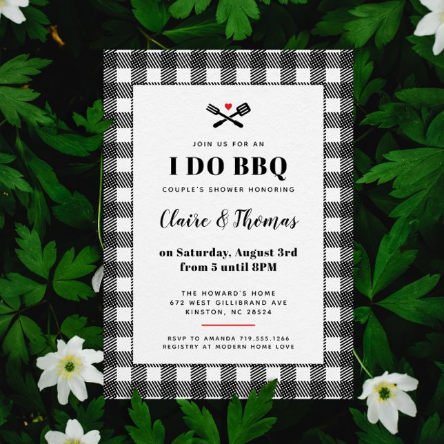 Invitation Tissu pique-nique noir et blanc I Do BBQ (black and white gingham plaid country I Do BBQ wedding party invitation )