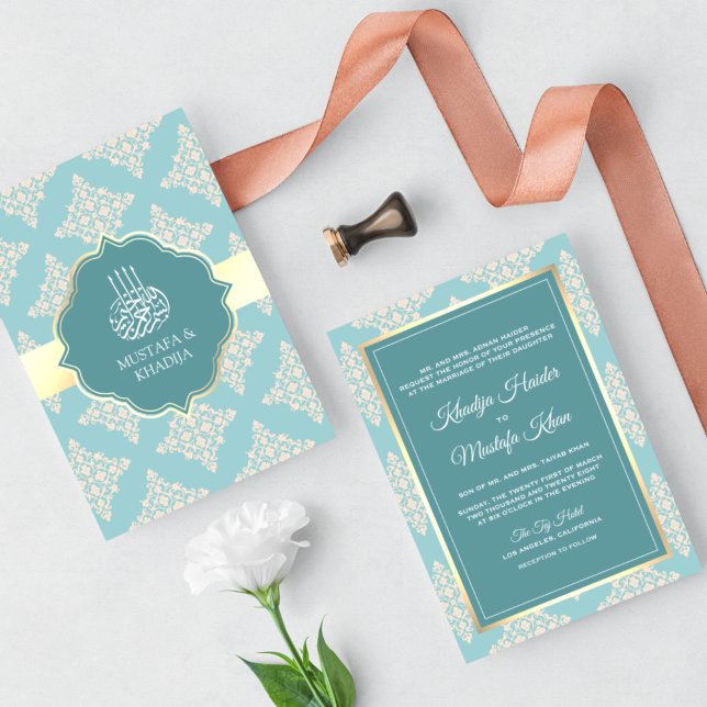 Invitation Tissu rustique pastel sarcelle crème damasque mari (Créateur téléchargé)