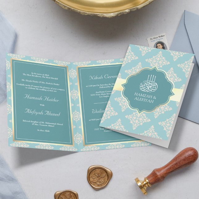 Invitation Tissu rustique pastel sarcelle crème damasque mari (Créateur téléchargé)