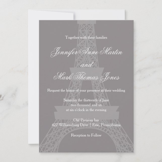 Invitation Titane et blanc Paris Tour Eiffel Mariage (Devant)