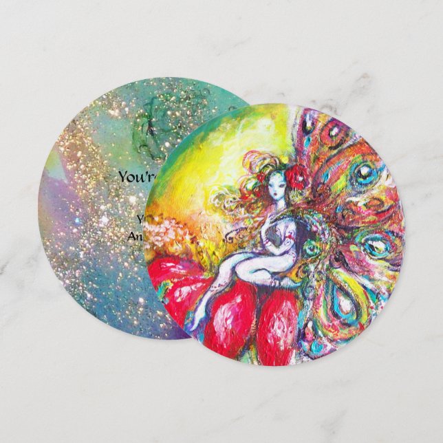 Invitation TITANIA ET FLEUR ROUGE , Paillettes de bleu sarcel (Devant / Derrière)