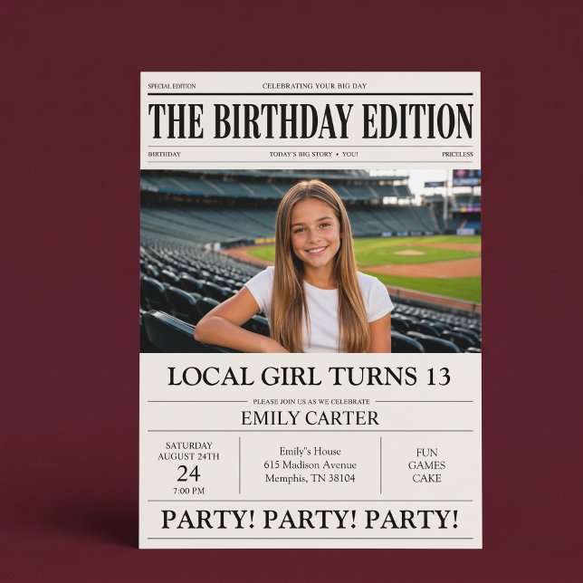 Invitation Titre de journal Fille drôle d'anniversaire (Créateur téléchargé)