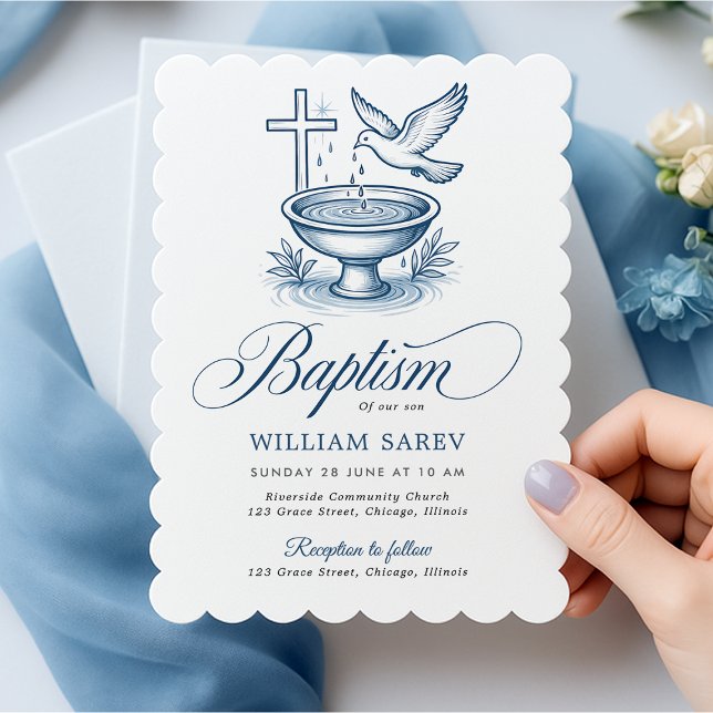 Invitation titre, description, 5 balises courtes et 5 balises (Scalloped edge baptism invite with dove and cross in soft blue background.)