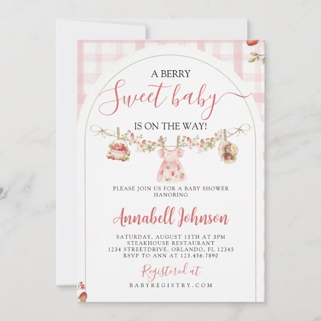 Invitation to a baby shower with a berry theme (Devant)