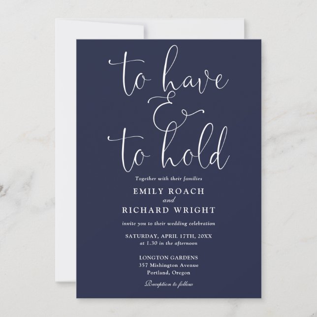 Invitation To Have And To Hold Script Bleu Marine Mariage (Devant)