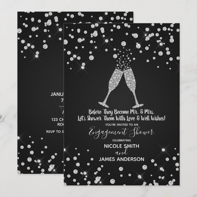 Invitation Toast de Champagne de Diamants Célébration de Fian (Devant / Derrière)
