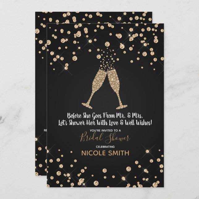 Invitation Toast de Champagne Diamonds Fête des mariées moder (Devant / Derrière)