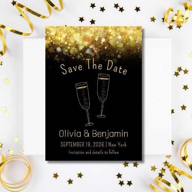 Invitation Toast Gold Parties scintillant Noir Mariage Enregi (Toast  Gold Glitter Black Wedding Save The Date Invitation )