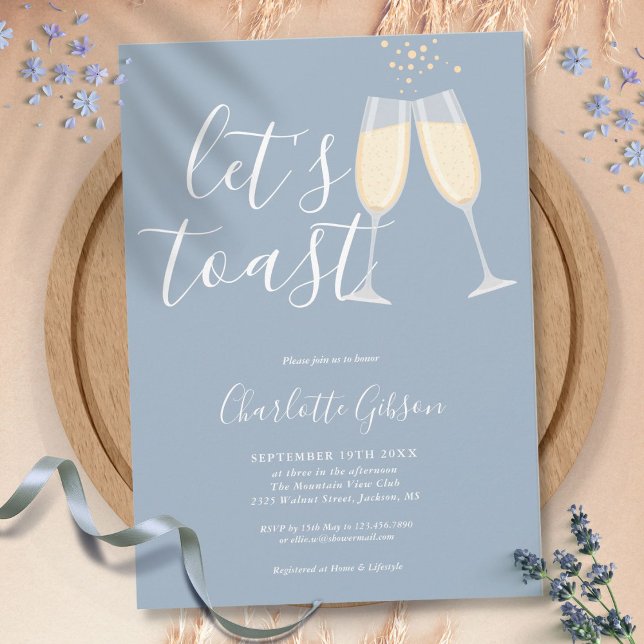 Invitation Toast Script Fête des mariées Dusty Blue (Let's Toast Script Bridal Shower Dusty Blue Invitation)