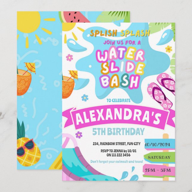 Invitation toboggan aquatique Slide Park Splash Girl Annivers (Devant / Derrière)