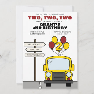 Invitation Toddler on the Bus Turns Two Kid's 2nd Birthday