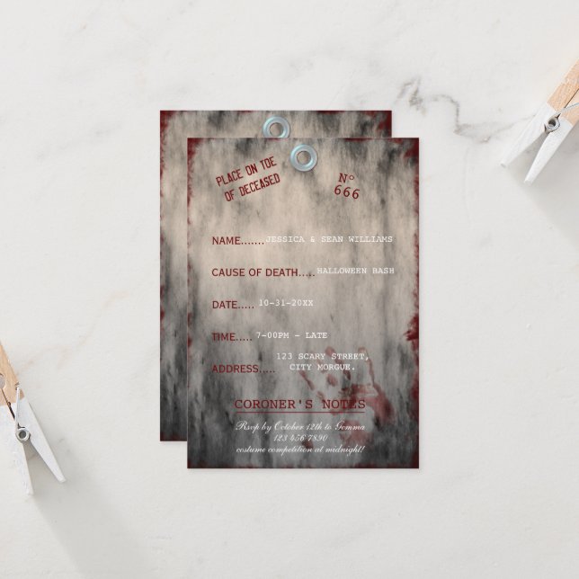 Invitation Toe Tag Halloween Party (Devant/Arrière en situation)