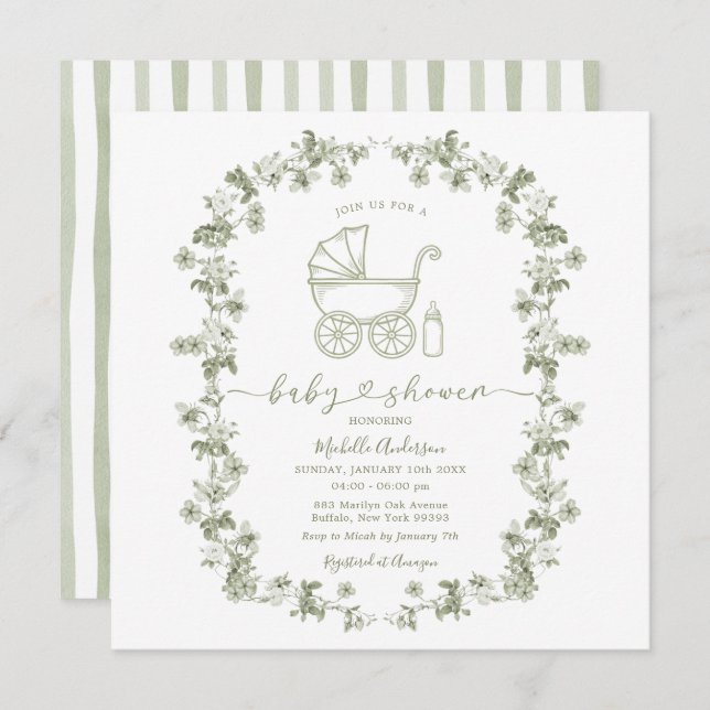 Invitation Toile Baby shower Floral Sage Baby shower vert (Devant / Derrière)