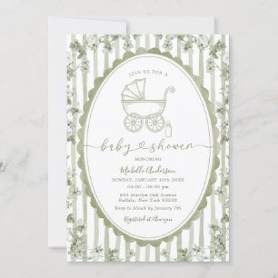 Invitation Toile Baby shower Floral Sage Vert
