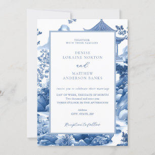 Invitation Toile Bleu et Blanc Chinoiserie Mariage Pagode Ble
