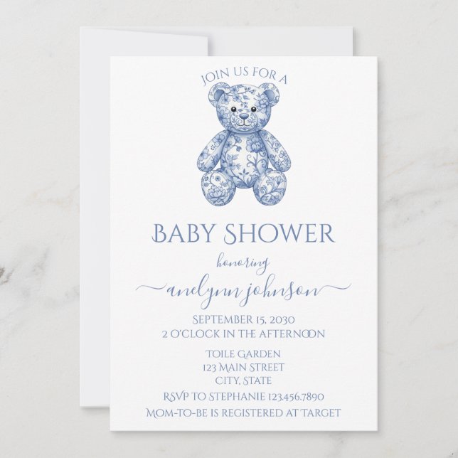 Invitation Toile bleu Teddy Bear Baby shower garçon (Devant)
