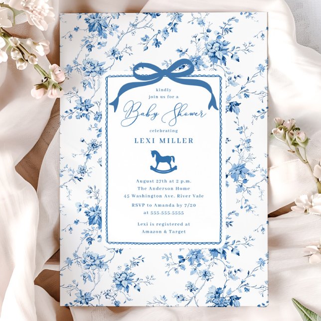 Invitation Toile Bleue Baby shower Cheval Rocse (Créateur téléchargé)