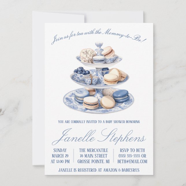 Invitation Toile bleue Chine, Baby shower Victorien Tea Party (Devant)
