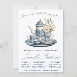 Invitation Toile bleue Chine, Baby shower Victorien Tea Party