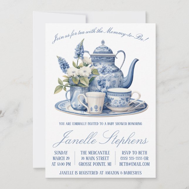 Invitation Toile bleue Chine, Baby shower Victorien Tea Party (Devant)