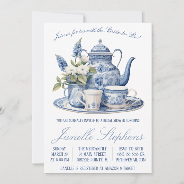 Invitation Toile bleue Chine Victorian Tea Party Fête des mar (Devant)