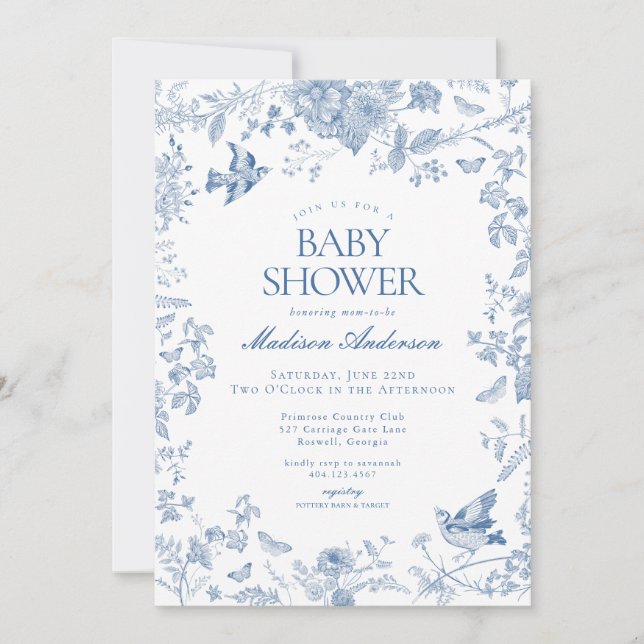 Invitation Toile Bleue De Jouy Baby shower Floral Français (Devant)