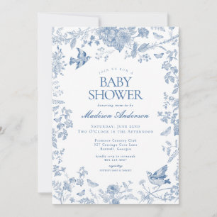 Invitation Toile Bleue De Jouy Baby shower Floral Français