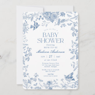 Invitation Toile Bleue De Jouy Baby shower Floral Français