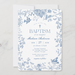 Invitation Toile Bleue De Jouy Baptême Floral Français