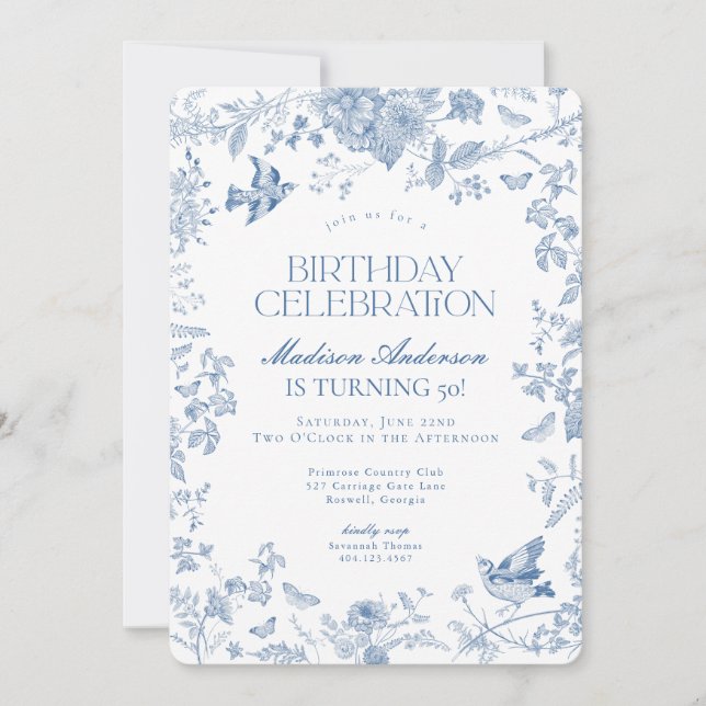 Invitation Toile Bleue De Jouy Fête d'Anniversaire Florale (Devant)