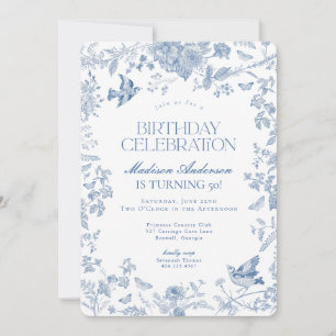 Invitation Toile Bleue De Jouy Fête d'Anniversaire Florale