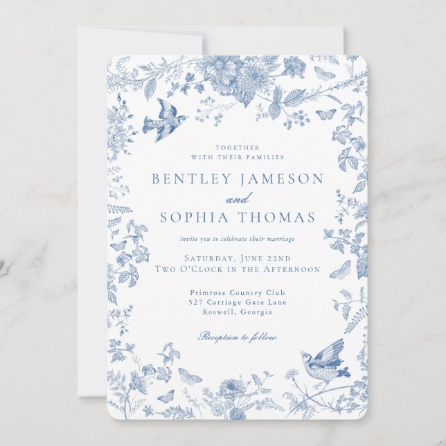 Invitation Toile Bleue De Jouy Mariage Floral Français (Devant)
