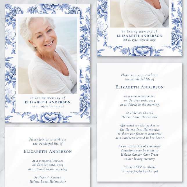 Invitation Toile Bleue Floral Photo Funérailles (Créateur téléchargé)