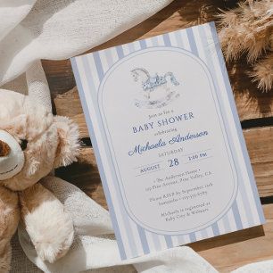Invitation Toile Bleue vintage Rocking Horse Boy Baby shower