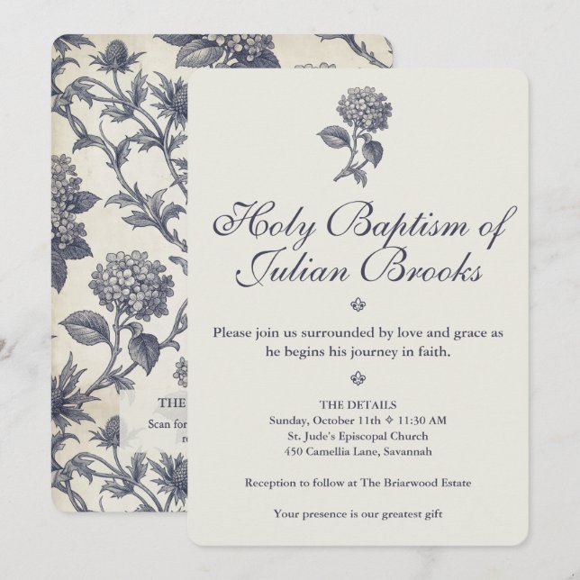 Invitation Toile botanique Hydrangea Chardon bleu Baptême (Devant / Derrière)