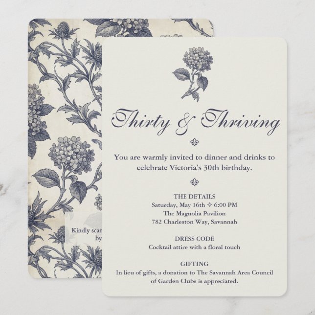 Invitation Toile Botanique Hydrangea Chardon de Mer 30e Anniv (Devant / Derrière)