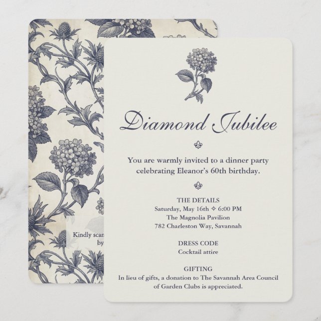 Invitation Toile Botanique Hydrangea Chardon de Mer 60e Anniv (Devant / Derrière)