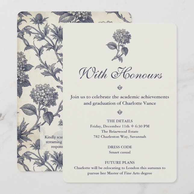 Invitation Toile Botanique Hydrangea Chardon de Mer Diplôme (Devant / Derrière)
