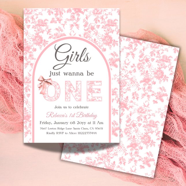 Invitation Toile Coquette Pink Bow Girl 1er anniversaire (Créateur téléchargé)