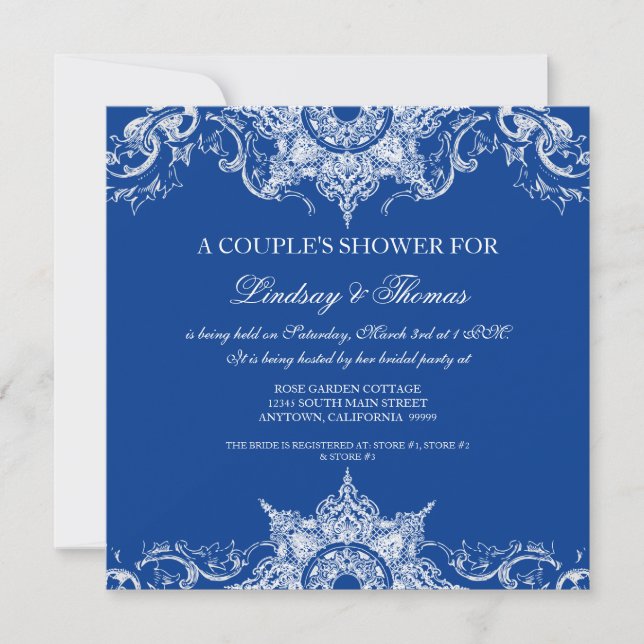 Invitation Toile Damask Swirl Couples Douche Royal Blue (Devant)