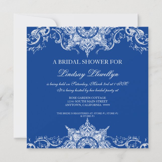 Invitation Toile Damask Swirl Fête de l'mariée Royal Blue (Devant)