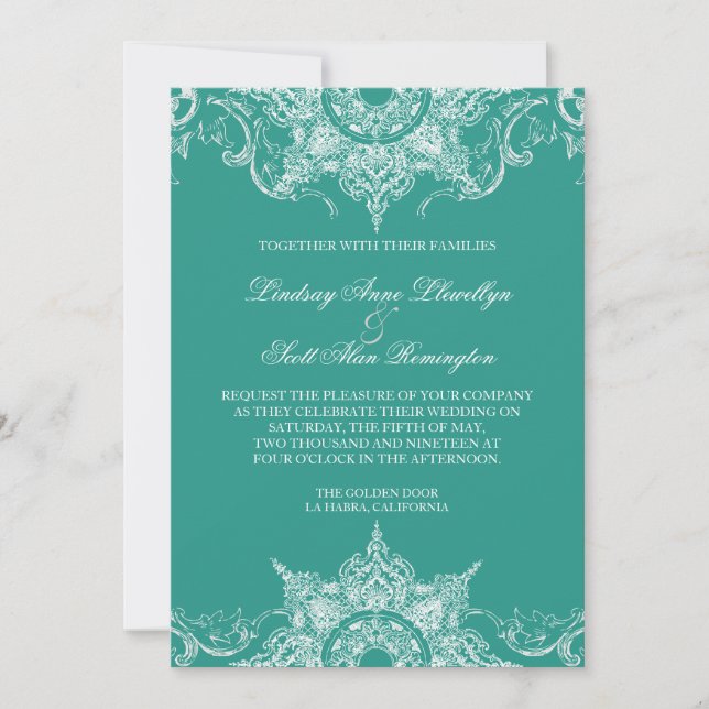 Invitation Toile Damask Swirl Wedding Inviter Turquoise Green (Devant)