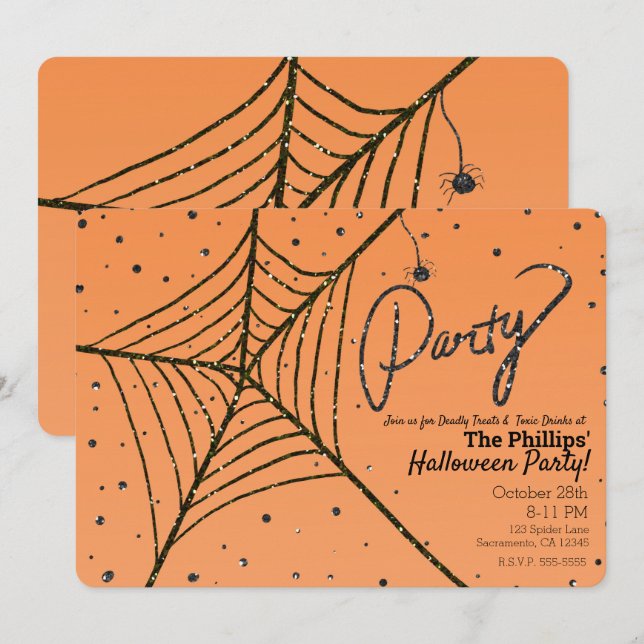 Invitation Toile d'araignée pailletée orange et noire pour so (Devant / Derrière)