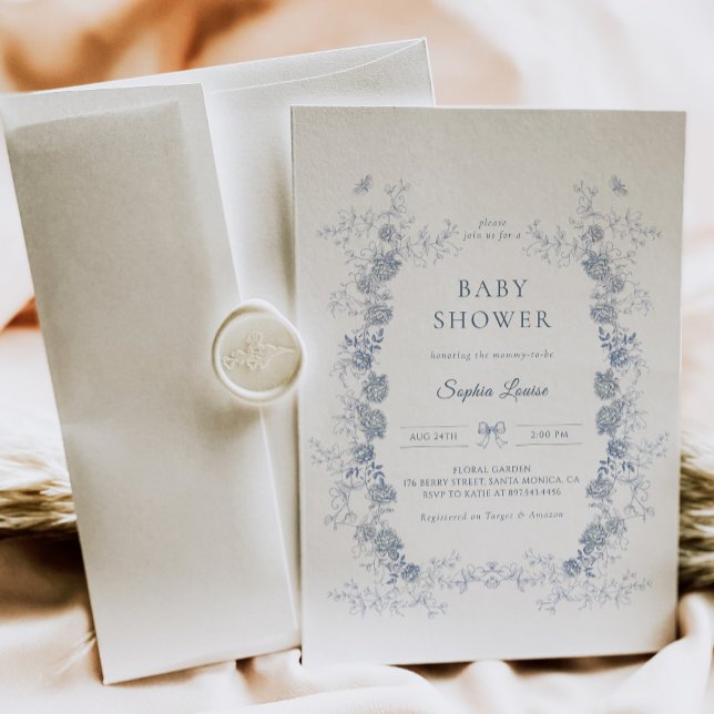 Invitation Toile de Jouy Baby shower Blue Chinoiserie Floral (Créateur téléchargé)